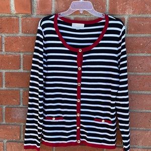 Carolyn Taylor Black and White Striped Cardigan with Red Trim size L
